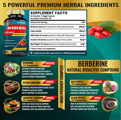 Berberine Extract Capsules 4250mg, 2 Months Supply & Ceylon, Milk Thistle, Turmeric