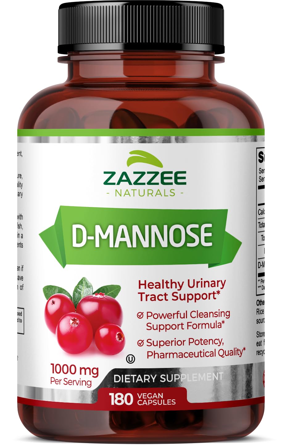 Zazzee D-Mannose, 1000 mg per Serving, 180 Vegan Capsules, 3 Month Supply, Potent 