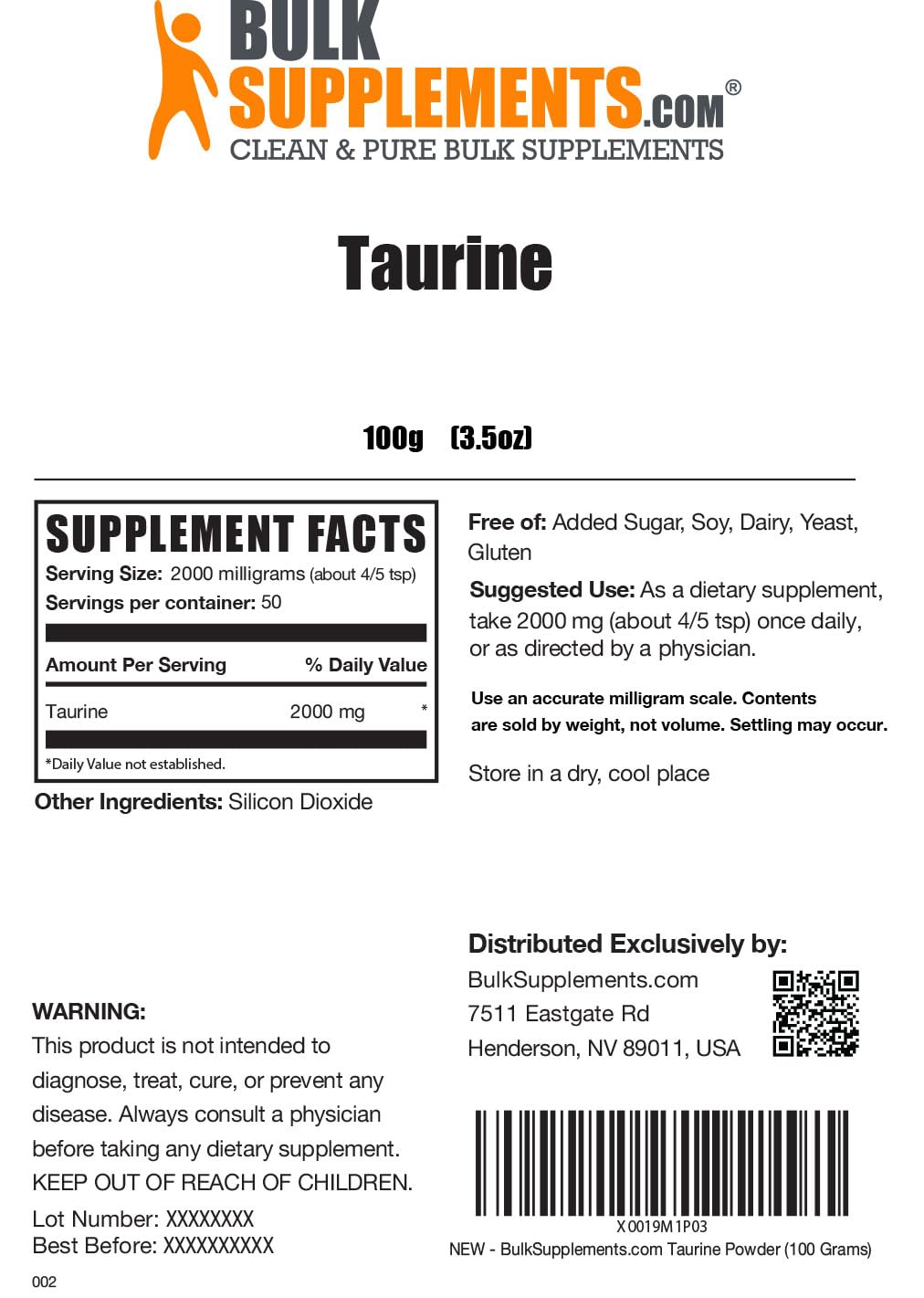 BULKSUPPLEMENTS.COM Taurine Powder - Taurine Supplement, Taurine 2000mg