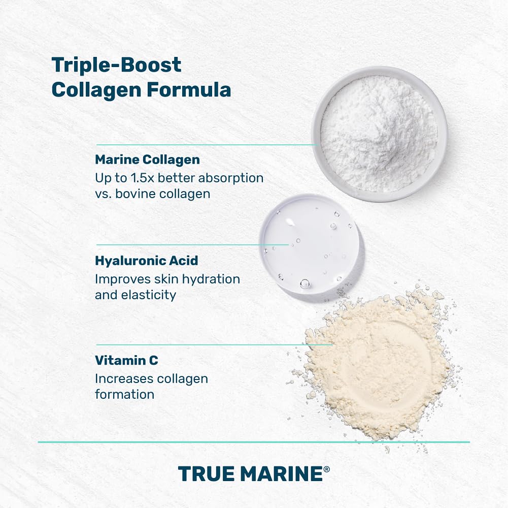 TRUE MARINE Collagen Capsules - 2,400mg of Marine Collagen with Hyaluronic Acid & Vitamin C - Skin, Hair, Nails & Joint Support