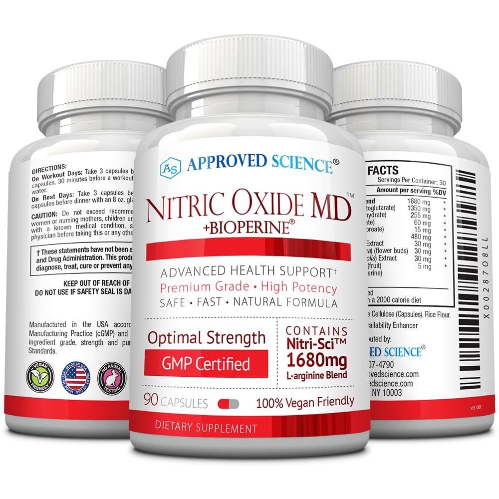 Approved Science Nitric Oxide MD - Muscle Development, Lean Body Mass, Improve Oxygen Supply, Boost Energy - 90 Capsules - 6 Bottles