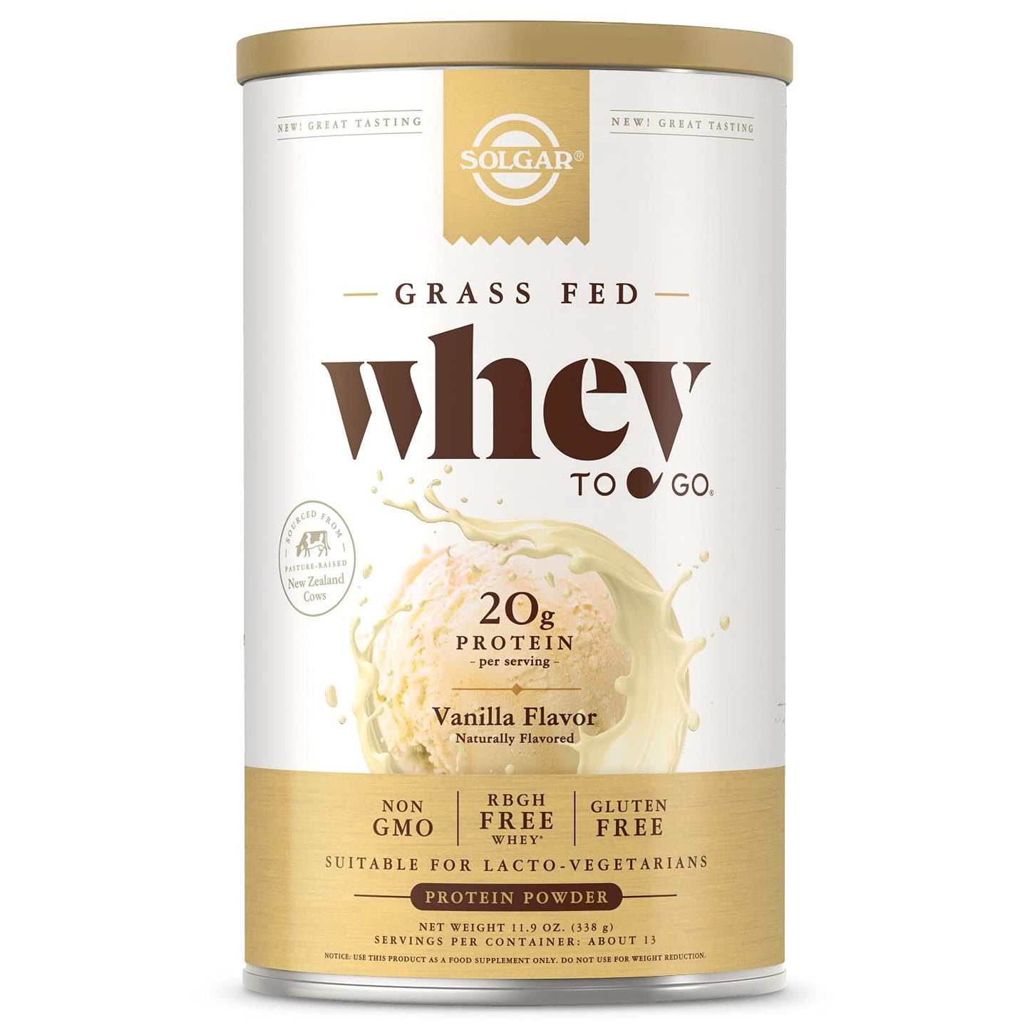 Solgar Whey To Go Natural Vanilla Flavour Protein Powder 340 g - Grass-Fed Whey from New Zealand Cows