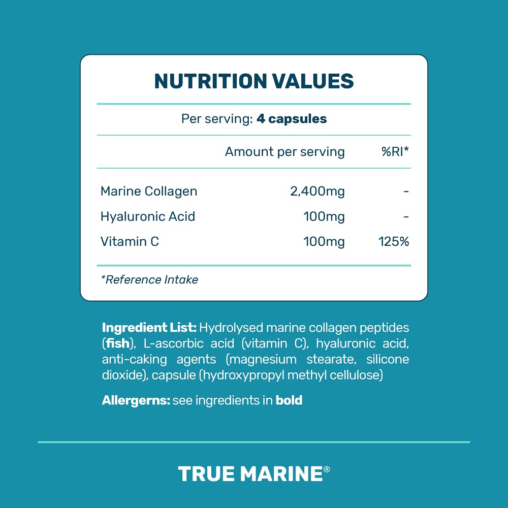 TRUE MARINE Collagen Capsules - 2,400mg of Marine Collagen with Hyaluronic Acid & Vitamin C - Skin, Hair, Nails & Joint Support