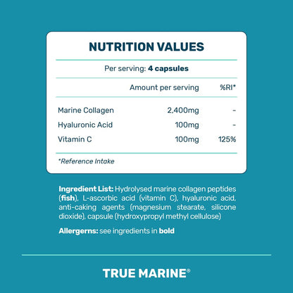 TRUE MARINE Collagen Capsules - 2,400mg of Marine Collagen with Hyaluronic Acid & Vitamin C - Skin, Hair, Nails & Joint Support