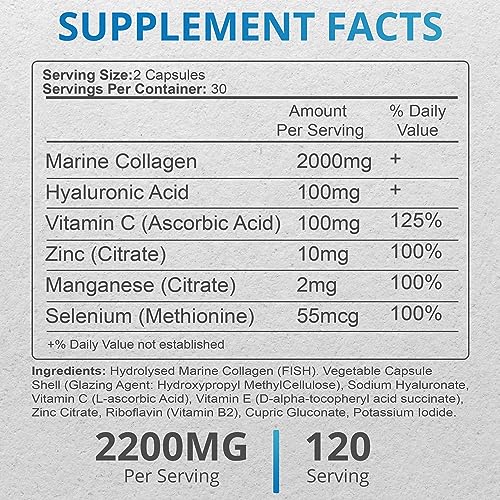 Applied vitamin Marine Collagen Capsules 2000mg-Enhance with Hyaluronic Acid, Zinc, Vitamin C & Biotin 120