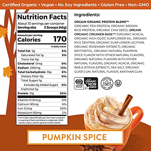 Orgain Organic Vegan Protein Powder, Pumpkin Spice - 21g of Plant Based Protein