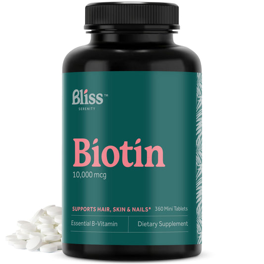 Bliss Serenity Biotin 10000mcg - Max Strength Biotin Supplement - Hair Skin and Nails Vitamins