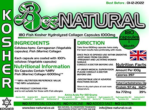 Bee-natural Kosher Pure Marine Hydrolyzed Collagen 1000mg 180 Capsules