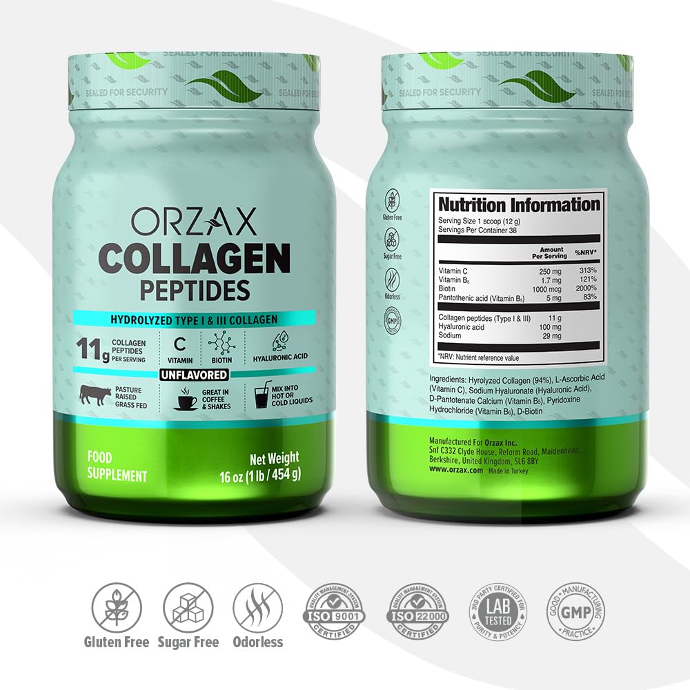 ORZAX Collagen Peptides Powder Unflavored - Hair, Skin and Nails Vitamins - Bone