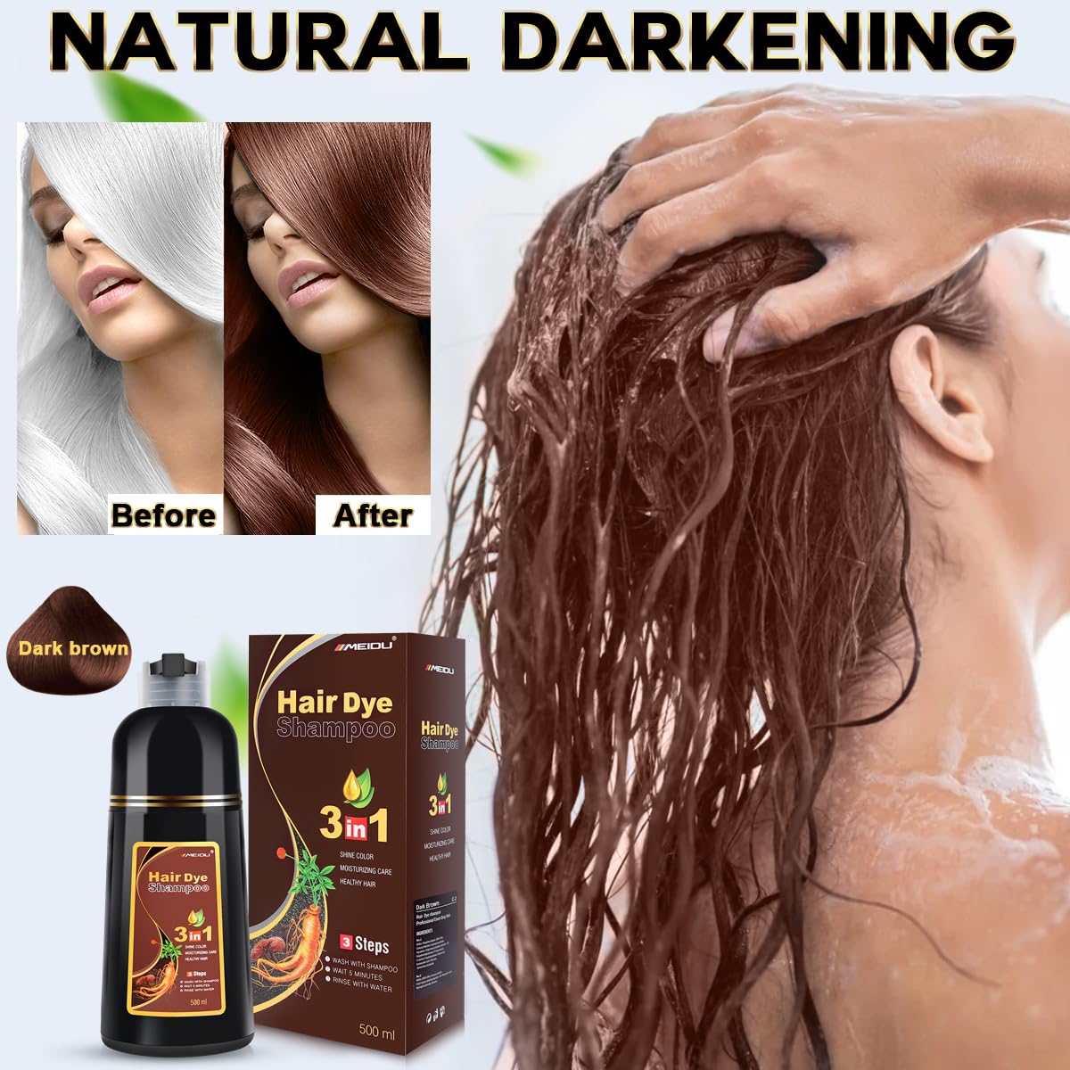 Bablabear Brown Hair Dye Shampoo for Gray - 500ML Instant Color Shampoo