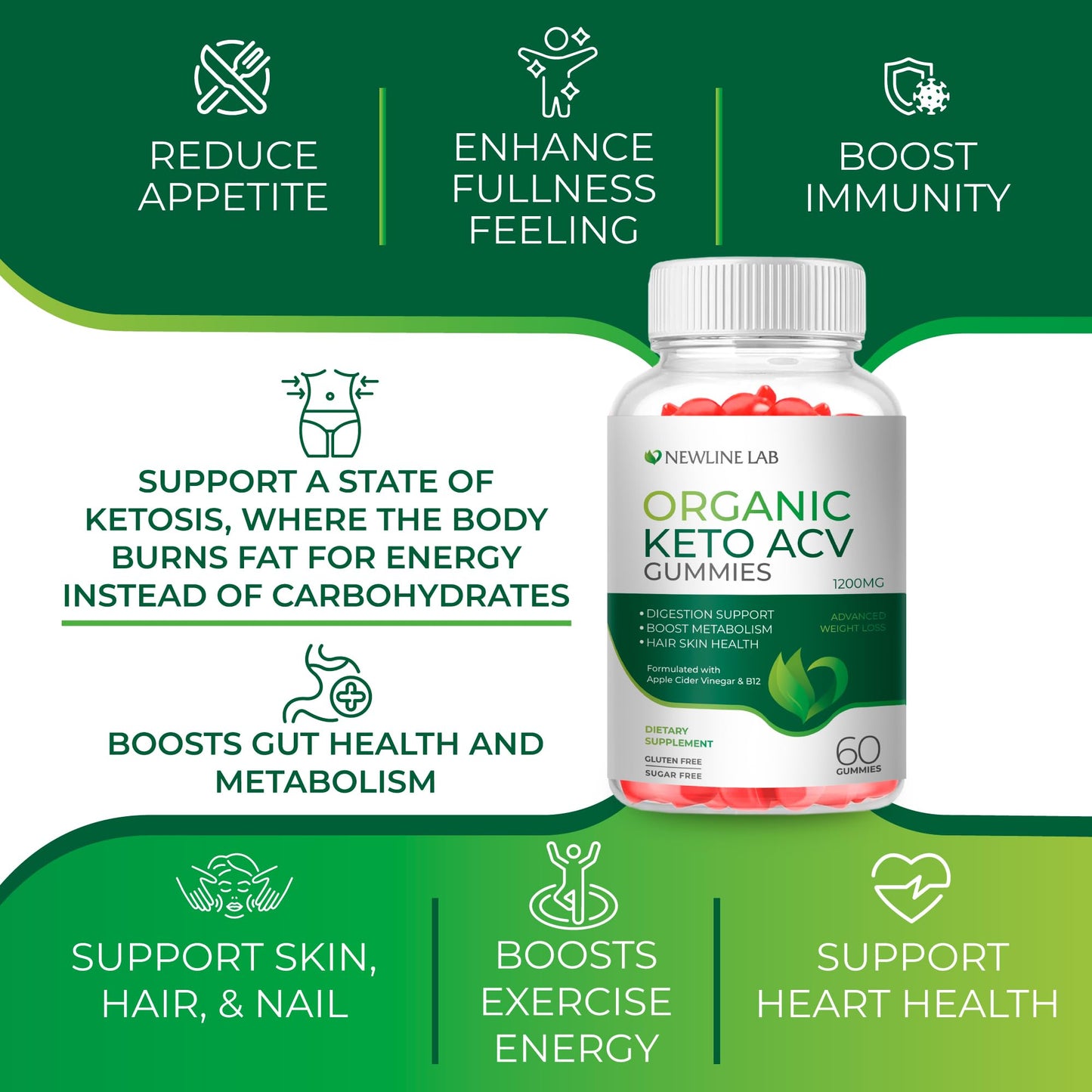 Organic Keto ACV Gummies for Advanced Weight Loss Fat Burn - Sugar Gluten Free Apple