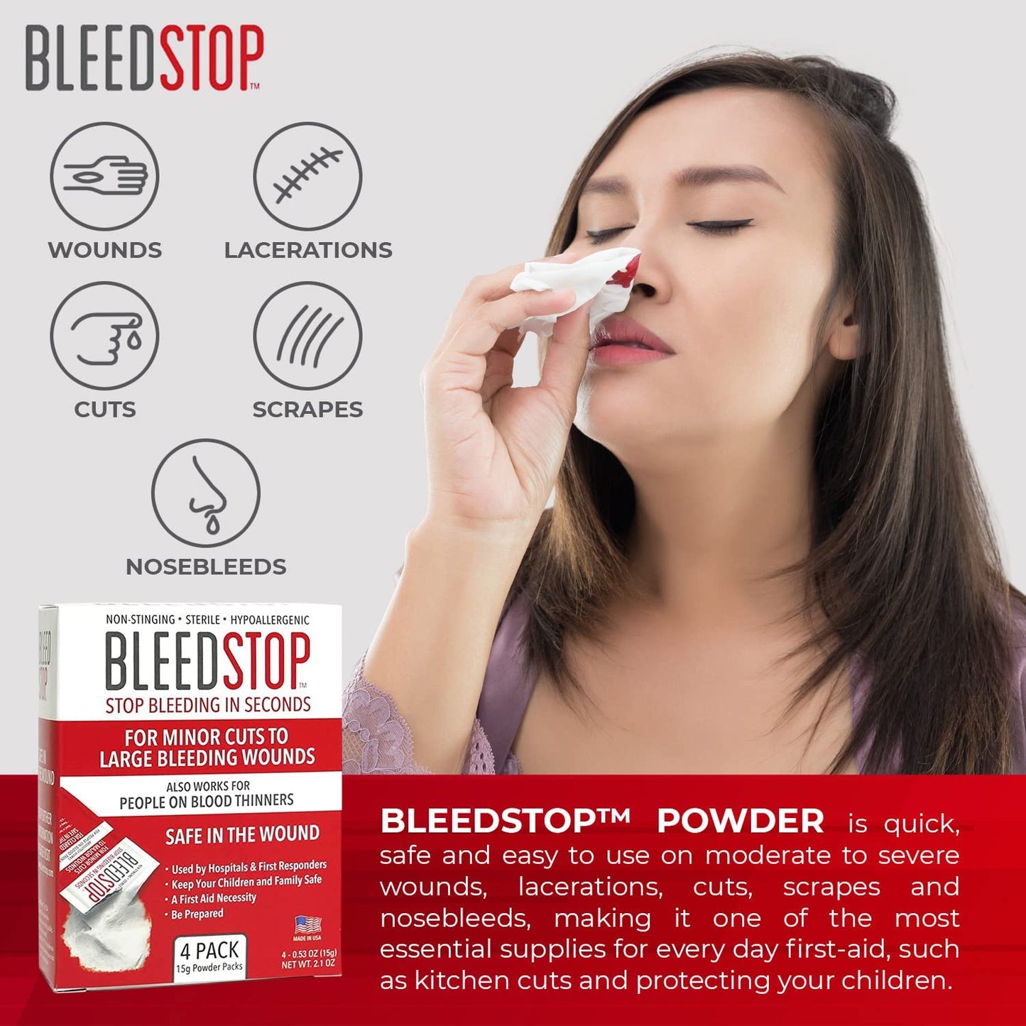 BleedStop™ First Aid Powder for Blood Clotting, Trauma Kit, Blood Thinner