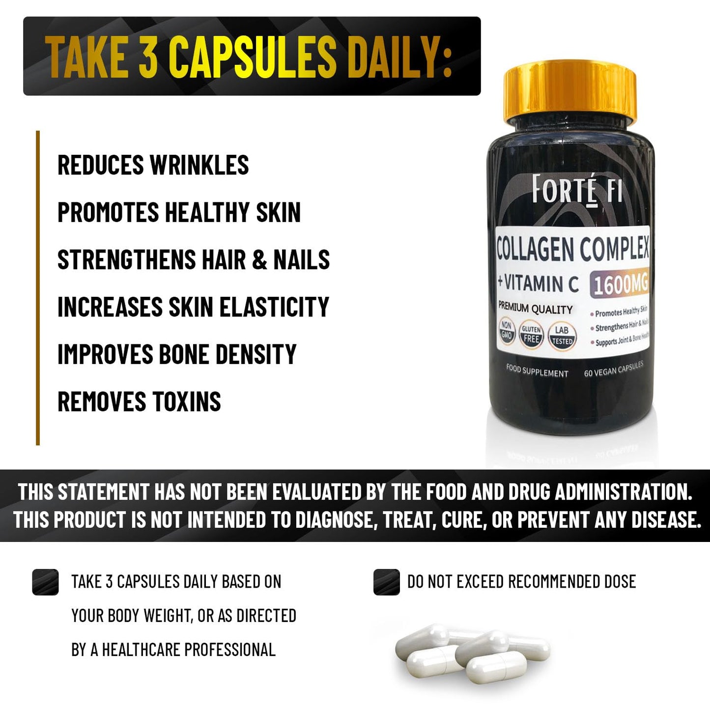 Pure Collagen with Vitamin C - Collagen Supplements for Women & Men - Use with Multivitamin Tablets