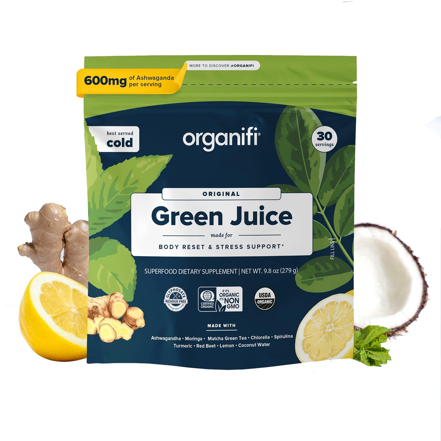 Organifi Green Juice - Powder Supplement with Organic Spirulina, Ashwagandha