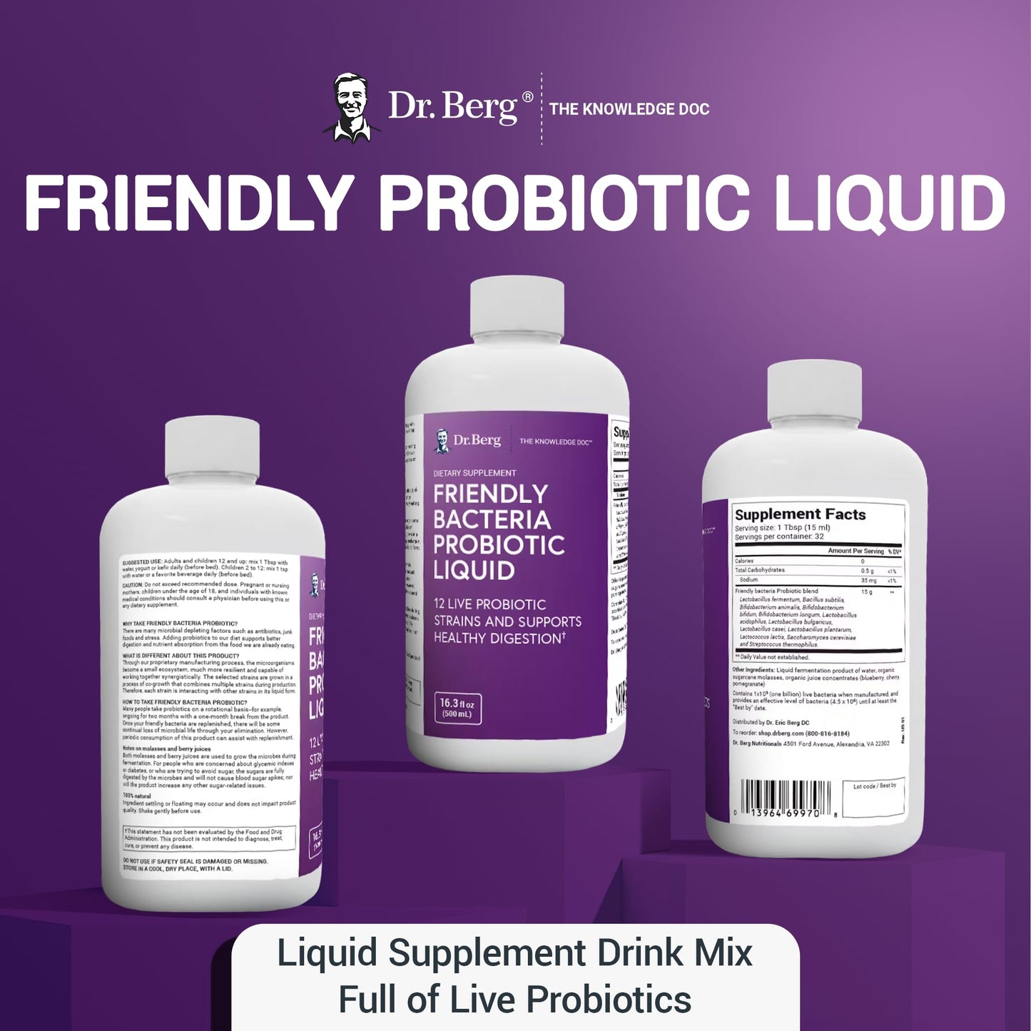 Dr. Berg's Friendly Probiotic Liquid Supplement Drink Mix w/ 12 Live Probiotics Strains