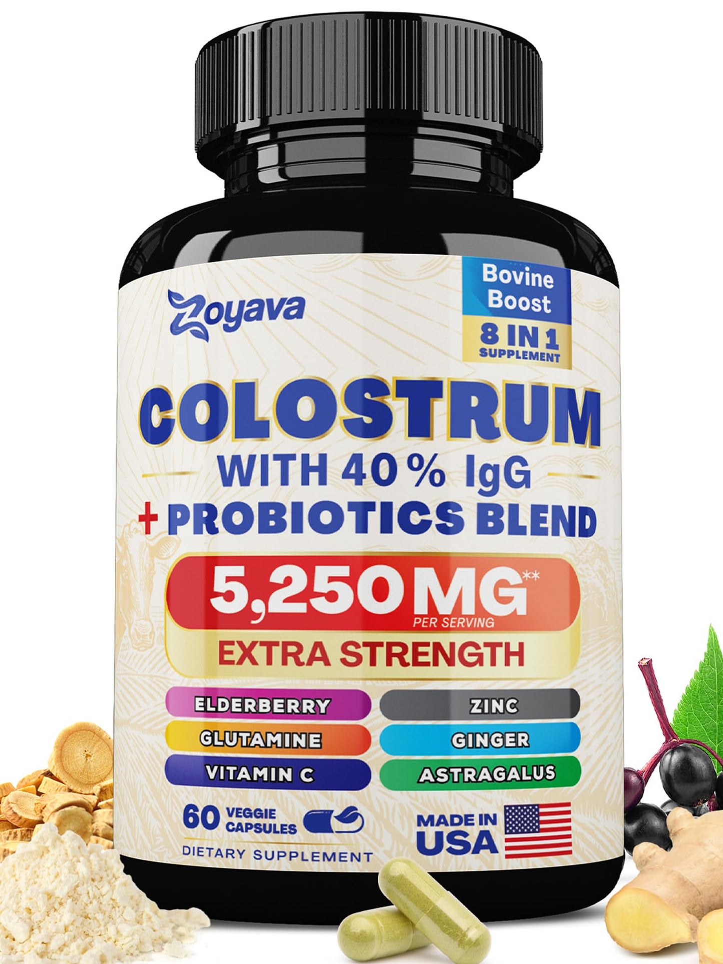 Bovine Colostrum Supplement Capsules 5250 MG, Grass Fed Cow Colostrum 