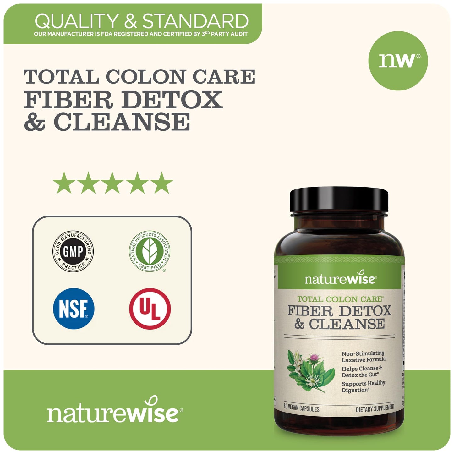 NatureWise Total Colon Care Fiber Cleanse with Herbal Laxatives, Prebiotics, & Digestive