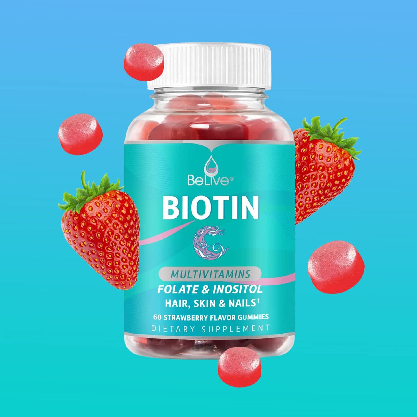 BeLive Biotin Gummies - Skin, Nails & Hair Vitamins with A, C, D, E, B12, Zinc, Folate & Inositol