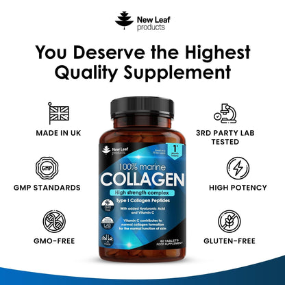 Pure Marine Collagen 100% Marine Collagen Type 1 1500mg - Hydrolysed Collagen Peptides Enhanced with Hyaluronic Acid & Vitamin C