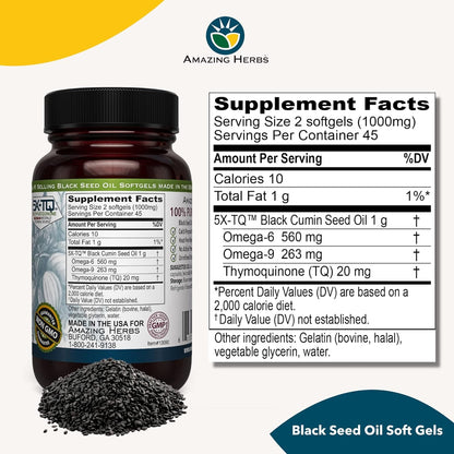 Amazing Herbs Premium Black Seed Oil Capsules - Gluten Free, Non GMO, Cold Pressed