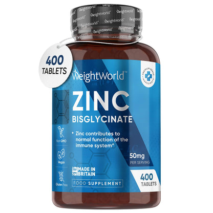 High Strength Zinc Tablets 50mg – 400 Vegan Zinc Bisglycinate Tablets 6+ Months 