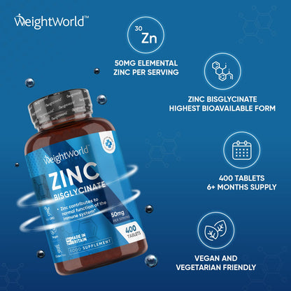 High Strength Zinc Tablets 50mg – 400 Vegan Zinc Bisglycinate Tablets 6+ Months