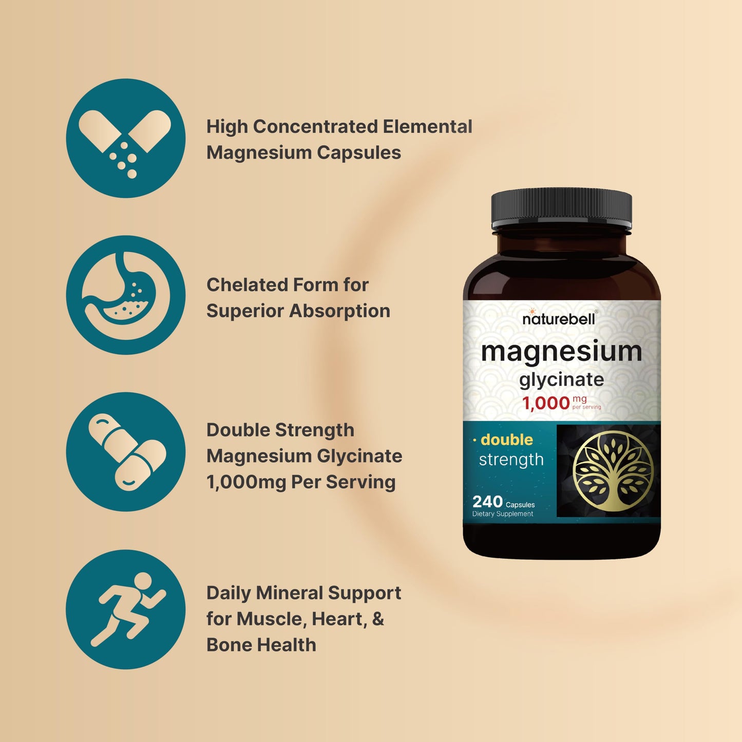 NatureBell Magnesium Glycinate Supplement 1,000mg | 500mg Per Capsule, 240 Pills