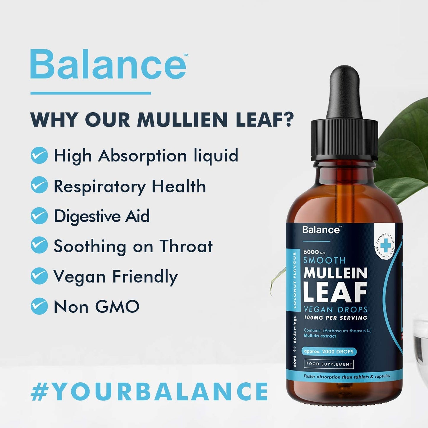 Balance Mullein Leaf Liquid Drops - 60ml for 2 Month Supply - High Strength - Vegan