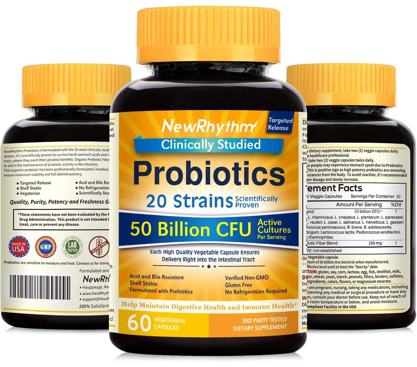 NewRhythm Probiotics 50 Billion CFU 20 Strains, 60 Veggie Capsules, Targeted Release