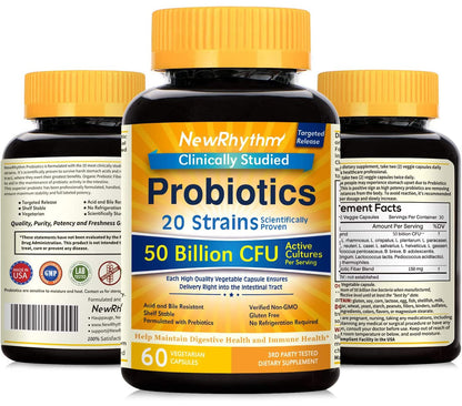 NewRhythm Probiotics 50 Billion CFU 20 Strains, 60 Veggie Capsules, Targeted Release