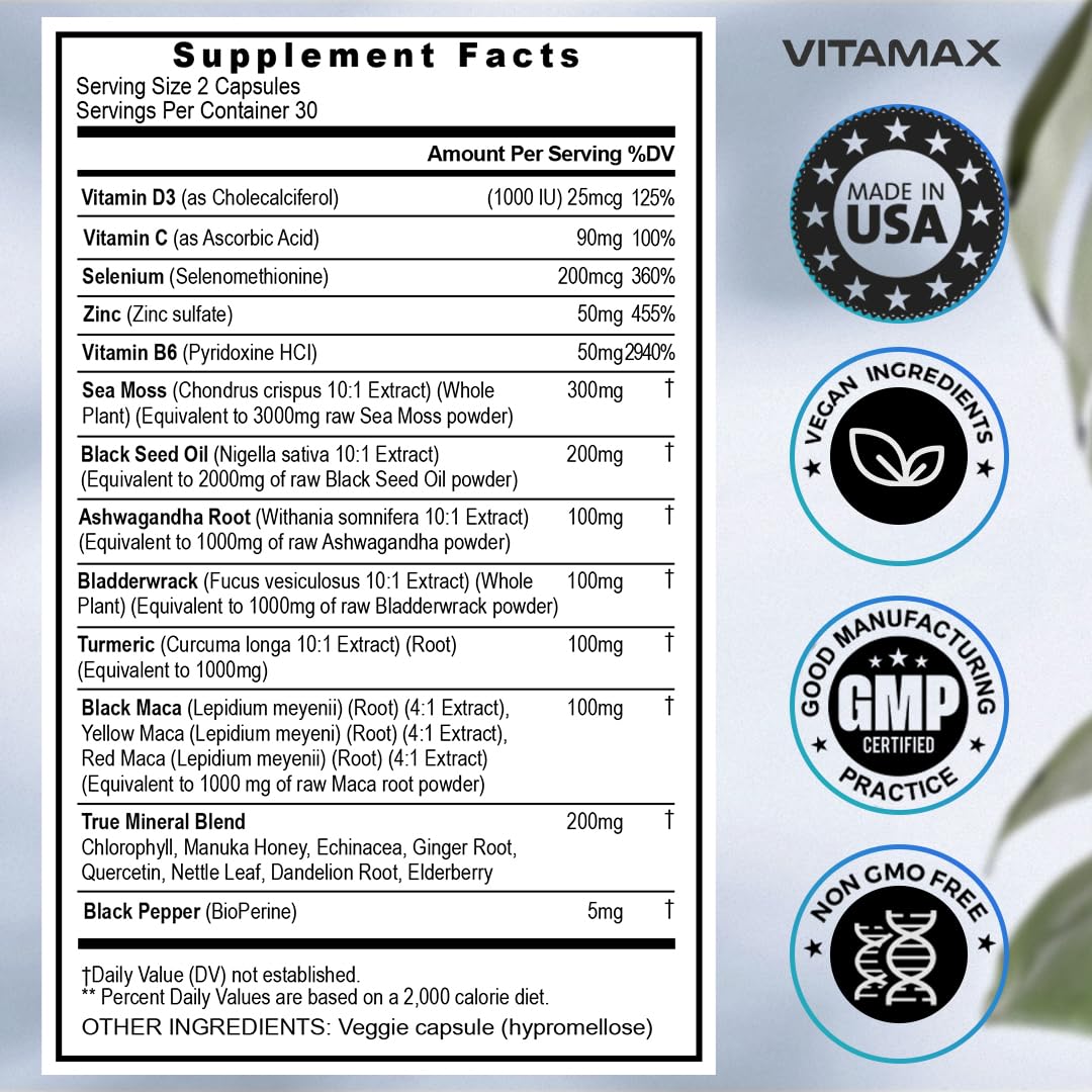 Sea Moss 3000mg Maca 1000mg Black Seed Oil 2000mg Ashwagandha 1000mg Bladderw