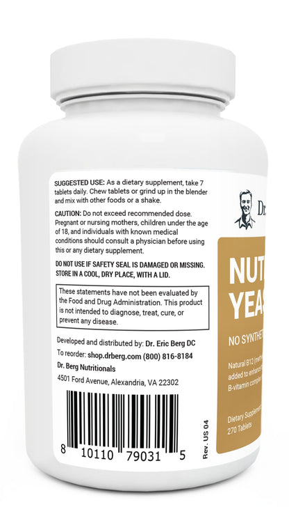 Dr. Berg Nutritional Yeast Tablets – Natural B12 Added - All 8 B Vitamin Complex – Organic