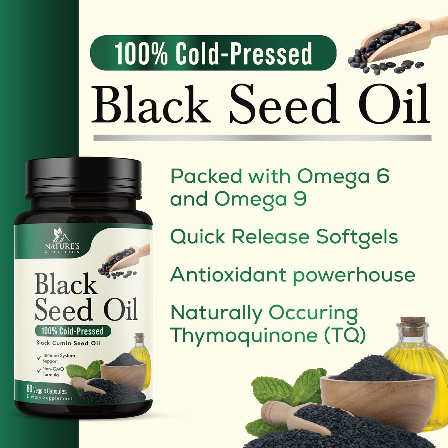 Black Seed Oil Capsules 1000mg - Vegan Cold-Pressed Nigella Sativa Black Seed Oil