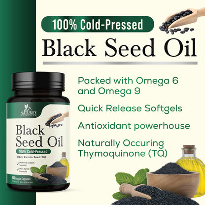 Black Seed Oil Capsules 1000mg - Vegan Cold-Pressed Nigella Sativa Black Seed Oil