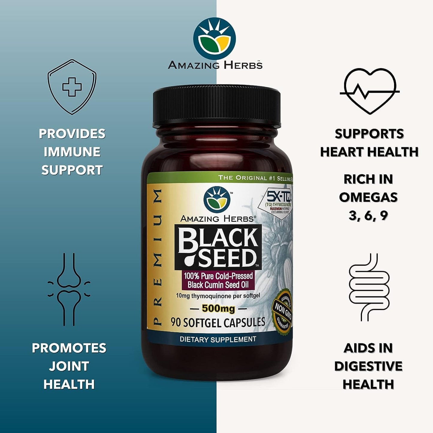 Amazing Herbs Premium Black Seed Oil Capsules - Gluten Free, Non GMO, Cold Pressed