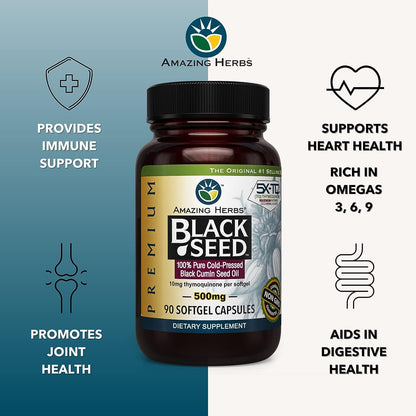 Amazing Herbs Premium Black Seed Oil Capsules - Gluten Free, Non GMO, Cold Pressed