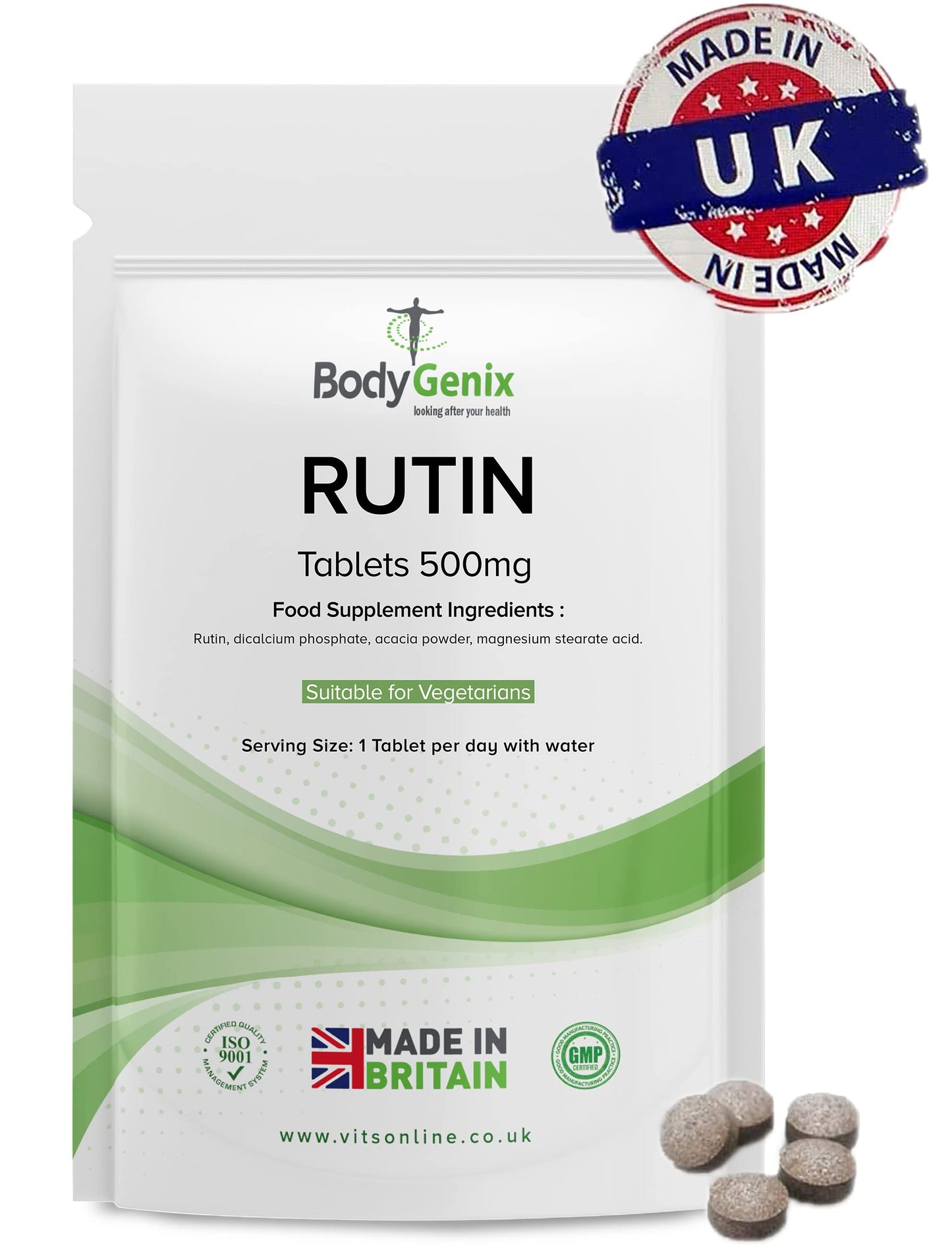 Bodygenix Rutin 500mg Tablets CAPILLARIES, VARICOSE Veins, Hemorrhoids Veg Friendly - UK Made (120) 4 Month Supply