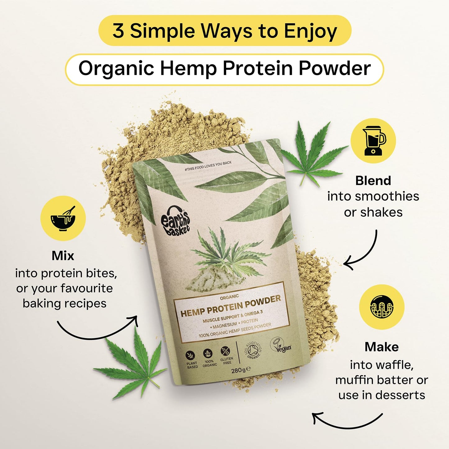 Earths Basket Organic Hemp Protein Powder,280g Natural, Unflavoured, Vegan, Gluten Free