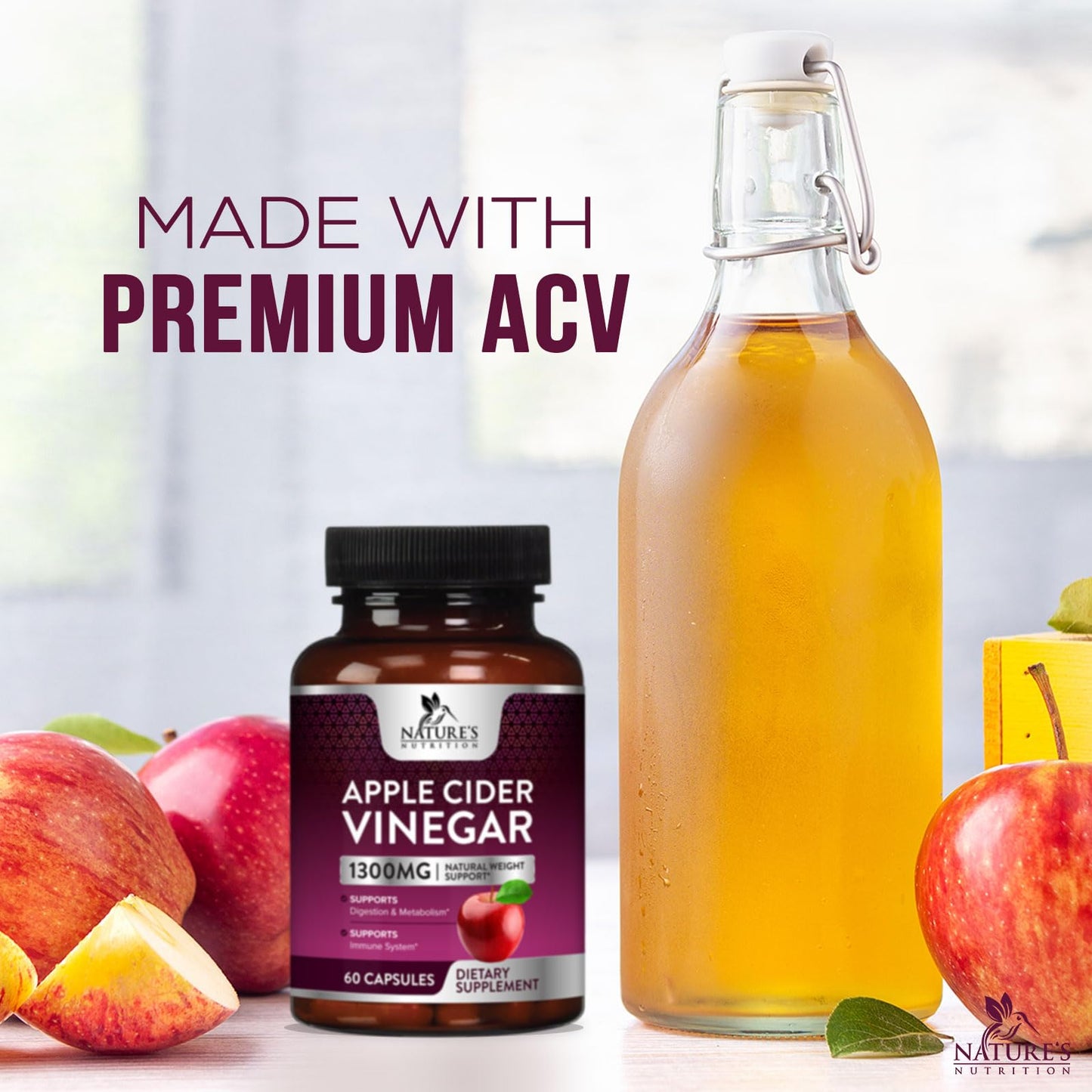 Apple Cider Vinegar Capsules for Detox and Cleanse, Digestion and Immune Support