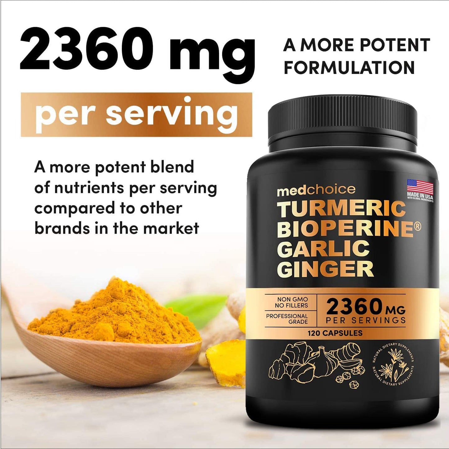 4-in-1 Supplement with Turmeric, Garlic, Ginger Root, and Black Pepper - 120 Capsules