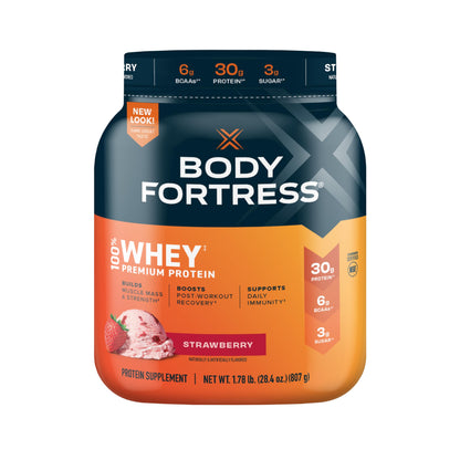 Body Fortress 100% Whey, Premium Protein Powder, Strawberry, 1.78lbs Packaging May 