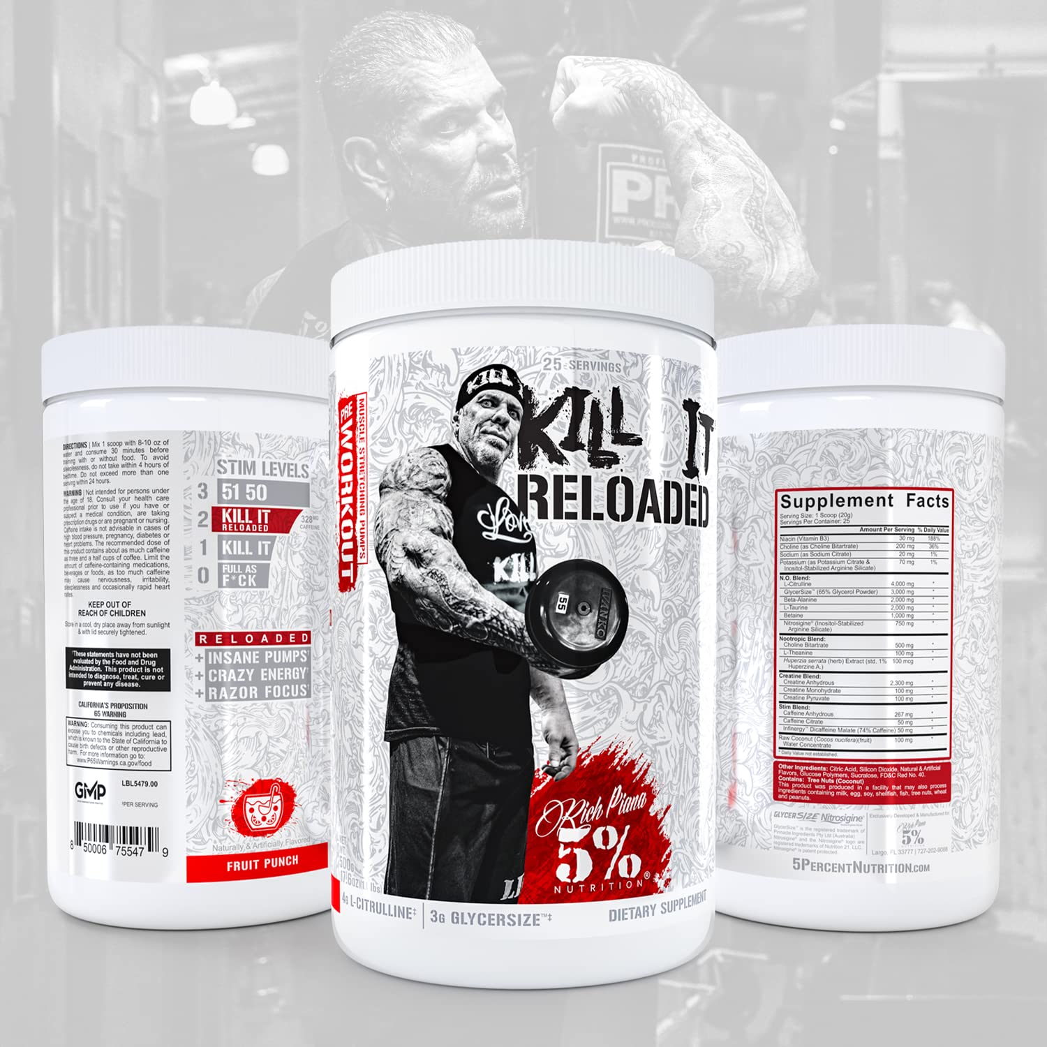 5% Nutrition Rich Piana Kill It Reloaded High Stim Pre-Workout | Ultra Energy, Focus, Pumps, Power & Endurance | Citrulline, GlycerSize, Nitrosigine, Creatine, Choline, Huperzine A (Fruit Punch)