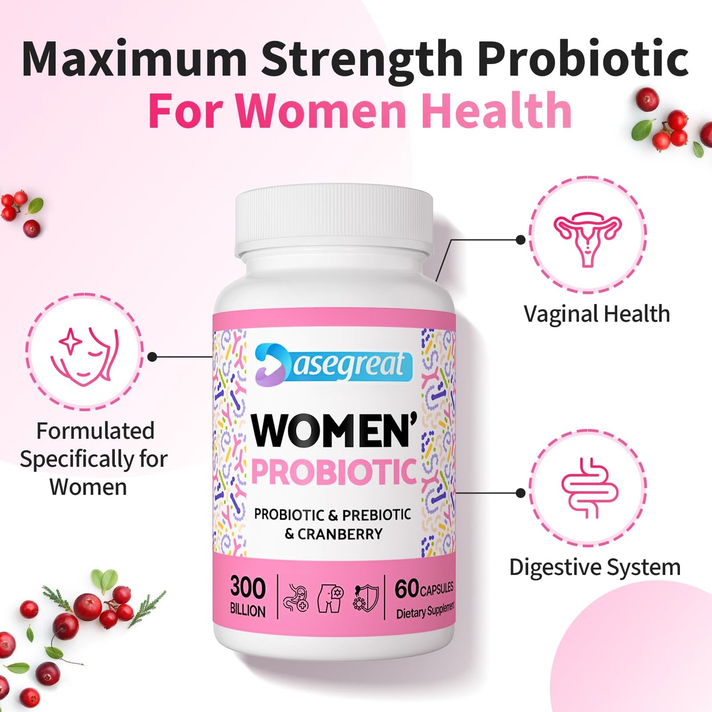 300 Billion CFUs Probiotics for Women,12 Strains Probiotics with Prebiotic Cranberry