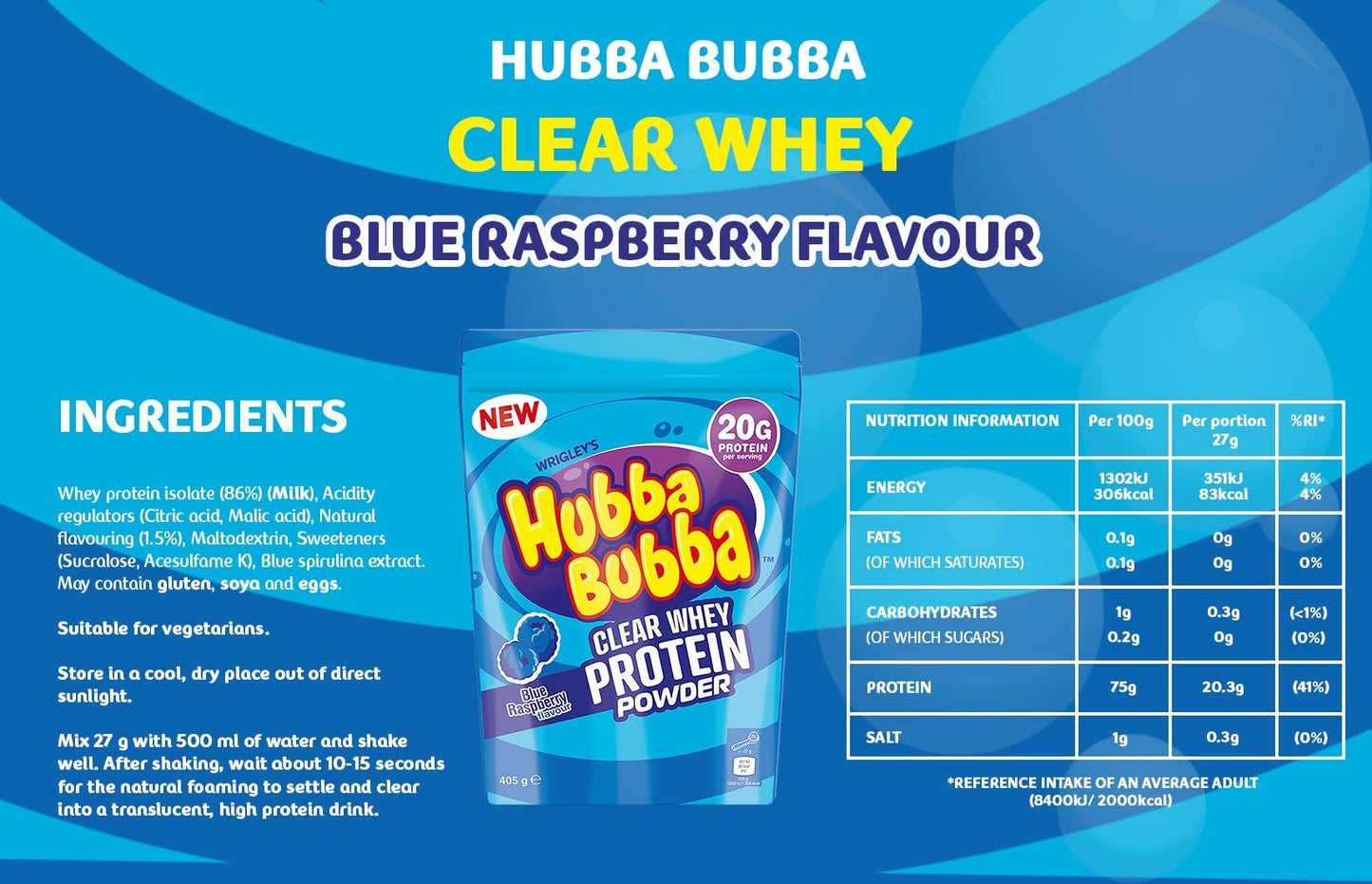 Hubba Bubba Blue Raspberry Clear Whey Isolate, Protein Powder Drink, 405g Pouch