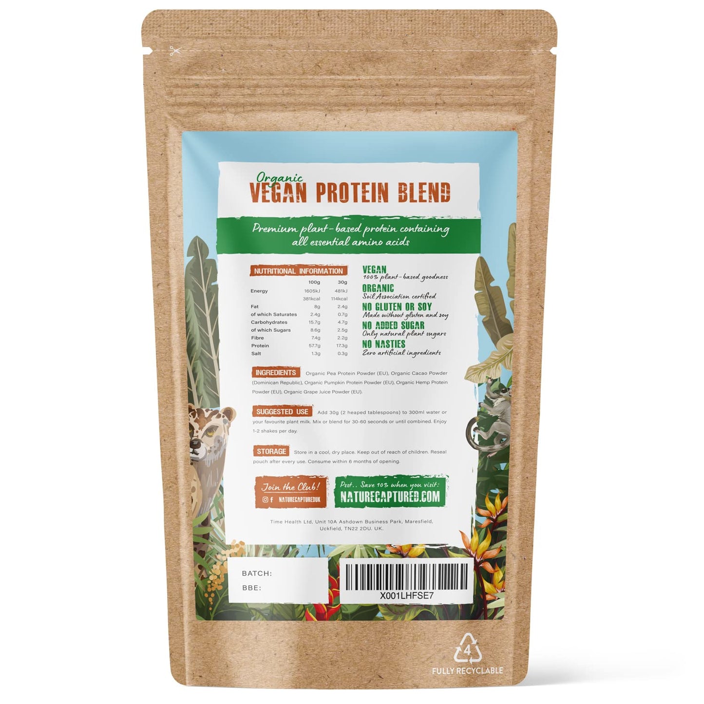 Organic & Raw Vegan Protein Blend (600g) - Chocolate Flavour - Pea, Pumpkin & Hemp