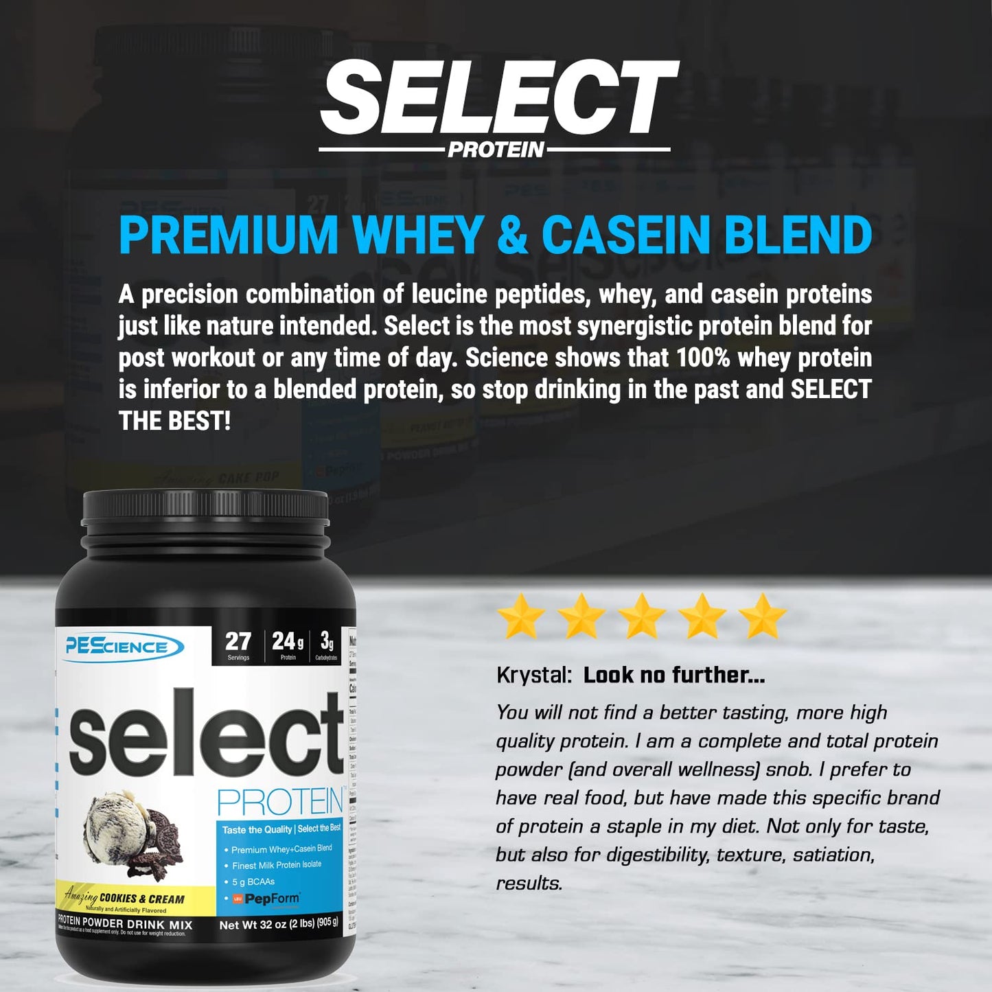 PEScience Select Protein, Cookies and Cream, 27 Serving, Premium Whey and Casein