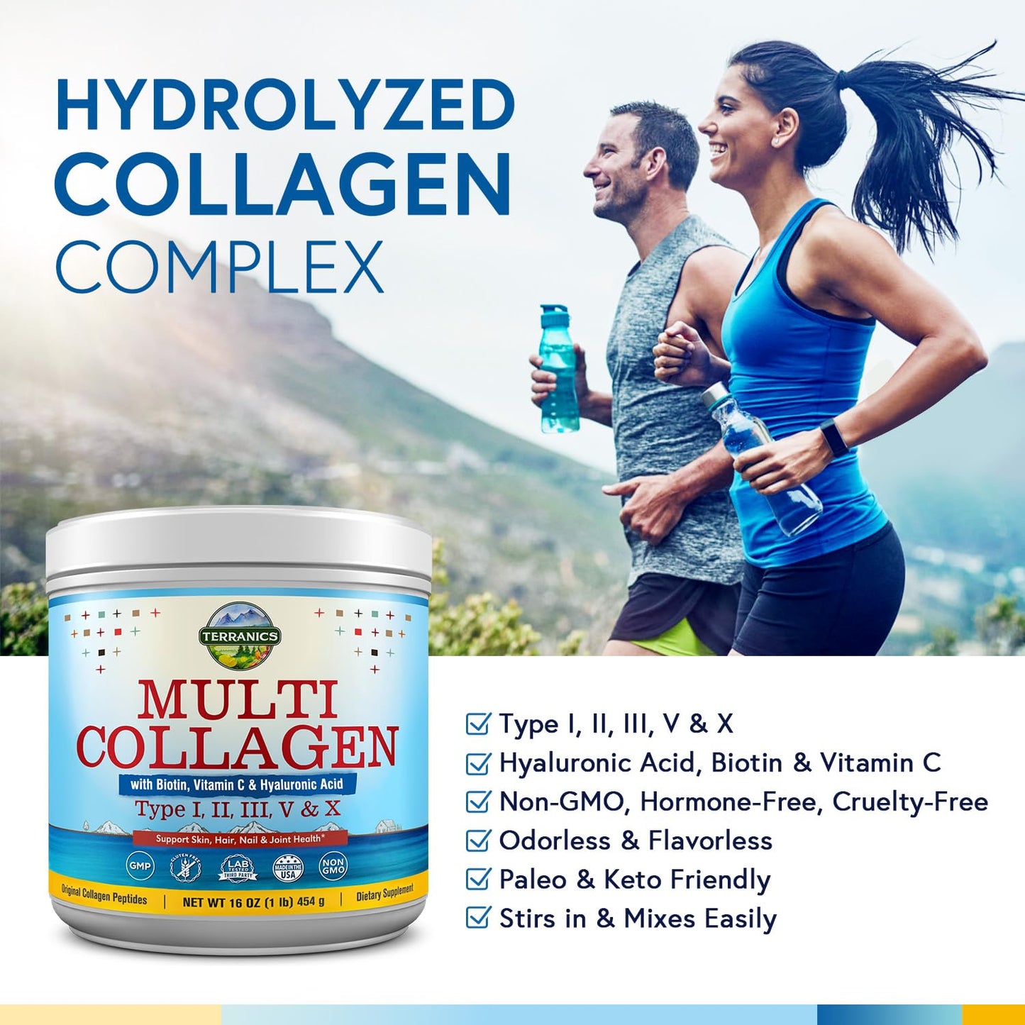 Terranics Multi Collagen Powder Type I II II V X with Biotin VC Hyaluronic Acid, Paleo