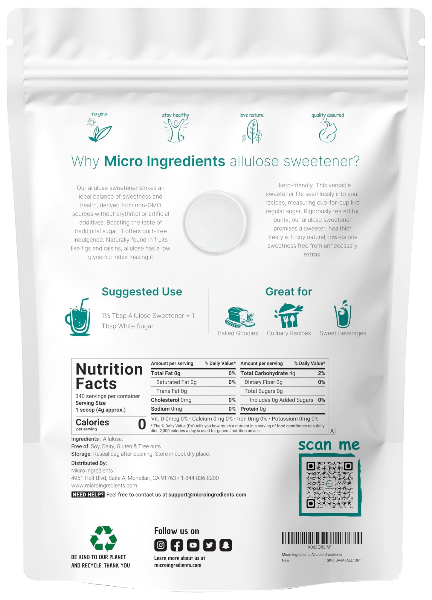 Allulose Sweetener, 3 Pounds (48 Ounces), Zero Calorie, Plant Based Sugar Alternative