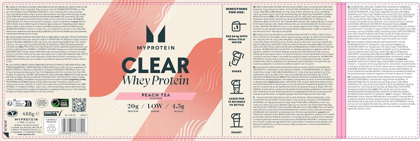 Myprotein Clear Whey Isolate Protein Powder - Peach Tea - 488g - 20 Servings