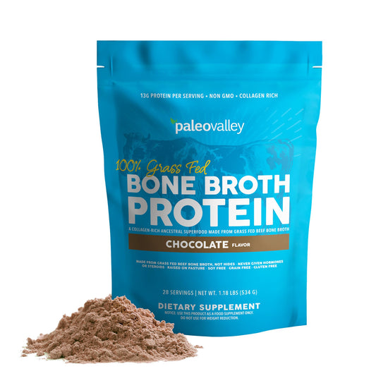 Paleovalley 100% Grass Fed Bone Broth Protein Powder - Chocolate - Rich in Collagen 